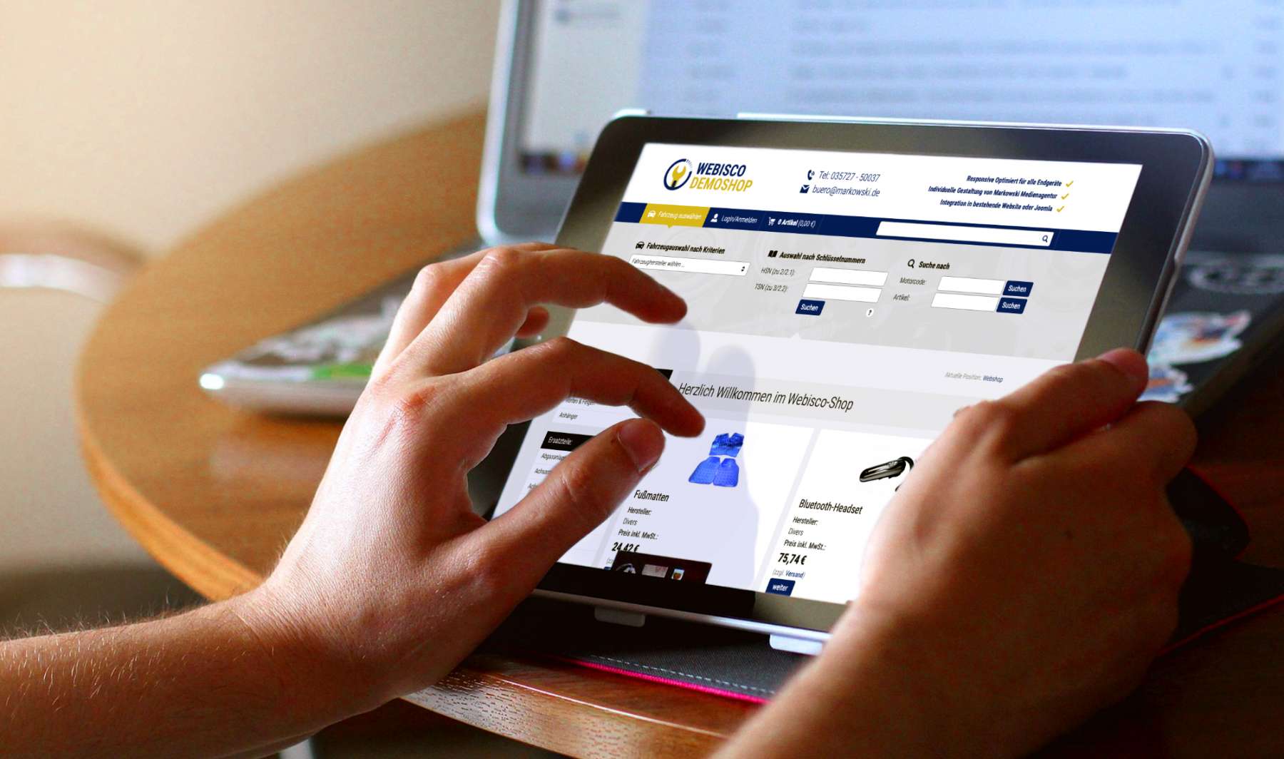 Responsive optimierter Webisco Shop für die Warenwirtschaft Abisco von ByteRider auf dem Tablet